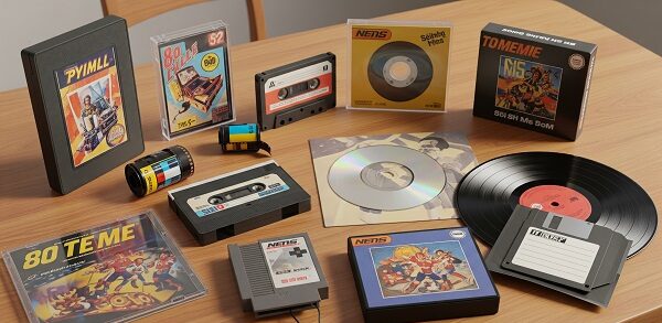 Colección de objetos retro sobre una mesa, incluyendo casetes de audio, disquetes, cartuchos de videojuegos, carretes fotográficos, discos de vinilo y CD
