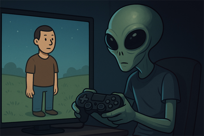 Ilustración humorística de un extraterrestre jugando con un control de videojuego, mientras en la pantalla aparece un humano como personaje virtual.