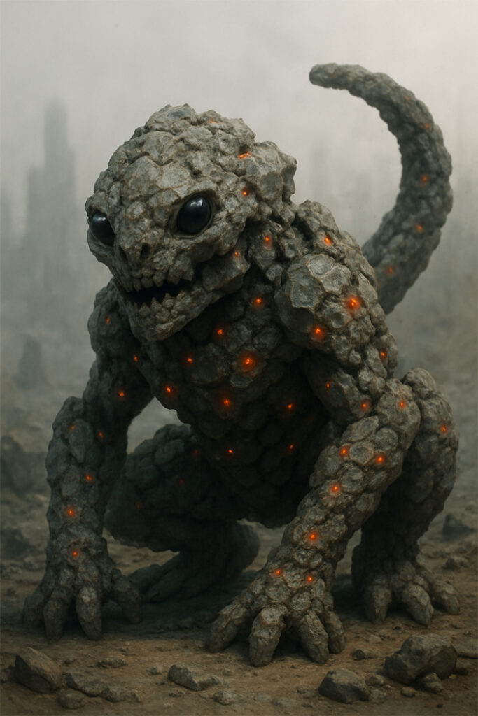 Ilustración fantástica de una criatura rocosa con forma reptiliana, cubierta de placas de piedra y con puntos luminosos anaranjados brillando en su cuerpo.