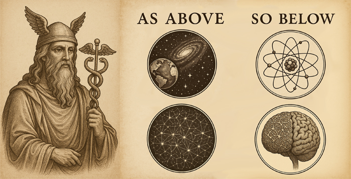 Ilustración esotérica con la figura de Hermes Trismegisto sosteniendo el caduceo, acompañada de la frase 'As Above, So Below' y símbolos que relacionan el cosmos, los átomos, las redes cósmicas y el cerebro humano.