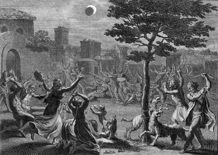 Grabado antiguo que representa un ritual o festival pagano bajo la luna creciente, con figuras humanas danzando, tocando instrumentos y animales presentes en la escena.