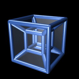 Animación 3D de un hipercubo o teseracto, representando un objeto geométrico de cuatro dimensiones proyectado en el espacio tridimensional.