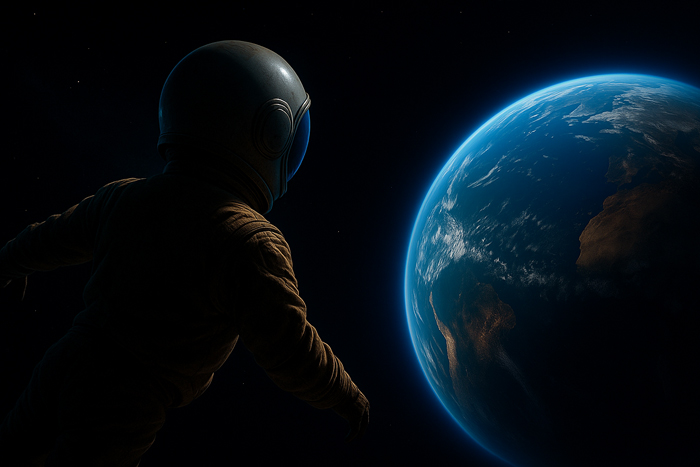 Ilustración de un astronauta en el espacio observando la Tierra iluminada por la luz solar contra el fondo oscuro del cosmos.