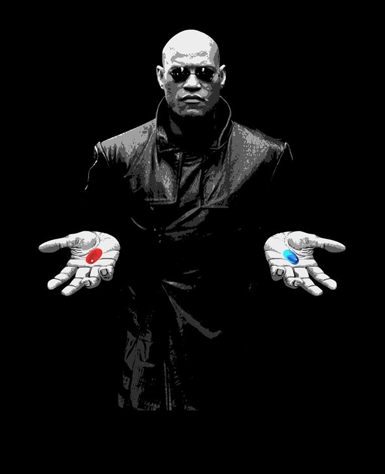 Ilustración de un hombre con gafas oscuras y abrigo negro ofreciendo dos opciones: una píldora roja en la mano izquierda y una píldora azul en la mano derecha, símbolo de elección y despertar de la verdad.