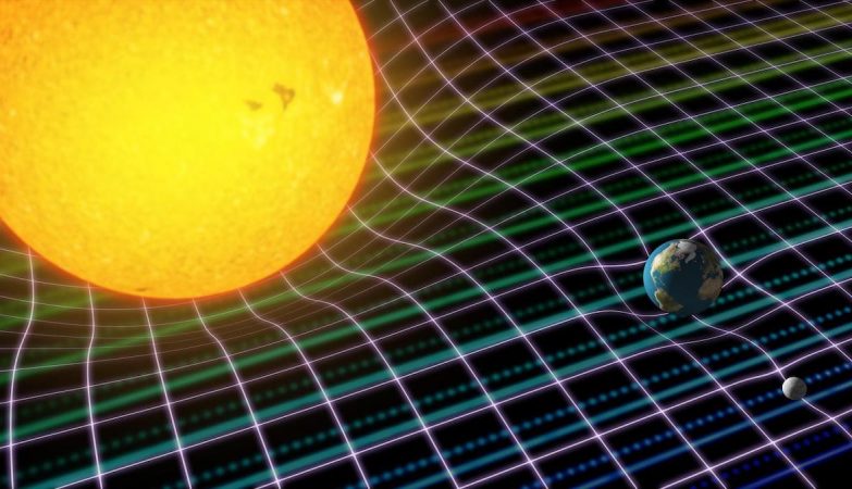 Ilustración del Sol, la Tierra y la Luna sobre una cuadrícula deformada, representando la curvatura del espacio-tiempo según la teoría de la relatividad de Einstein.