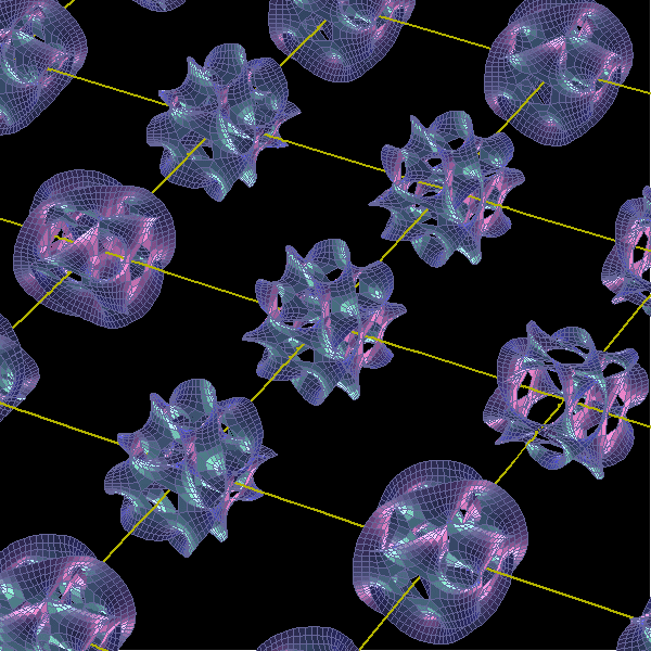 Ilustración de variedades de Calabi-Yau en la teoría de cuerdas, mostrando estructuras geométricas multidimensionales representadas como formas complejas en una red.
