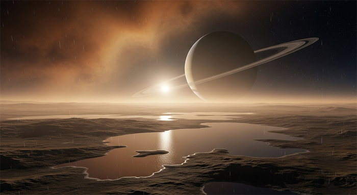 Ilustración artística de la superficie de Titán, luna de Saturno, mostrando lagos de metano líquido bajo un cielo anaranjado con Saturno y sus anillos al fondo.
