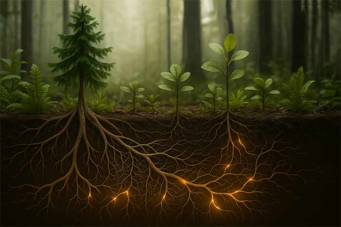 Ilustración de un bosque con árboles y plantas conectados bajo tierra por una red de raíces iluminadas, simbolizando la comunicación y cooperación de la naturaleza.