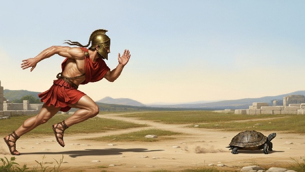 Ilustración del corredor Aquiles persiguiendo a una tortuga en un camino de tierra, representando la famosa paradoja de Zenón
