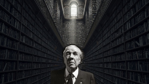 Ilustración de un hombre mayor en traje dentro de una biblioteca infinita, con estantes de libros que se extienden hacia el cielo y un rayo de luz entrando por una ventana