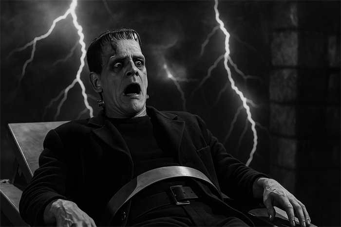 Escena clásica en blanco y negro de la criatura de Frankenstein, acostada en una mesa con relámpagos iluminando el fondo, evocando el momento de su creación.