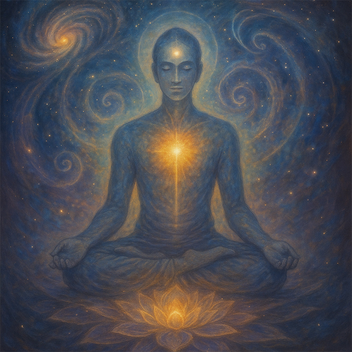 Ilustración espiritual de una figura meditando en posición de loto, con un resplandor dorado en el corazón y el tercer ojo, rodeada de galaxias y un loto luminoso.