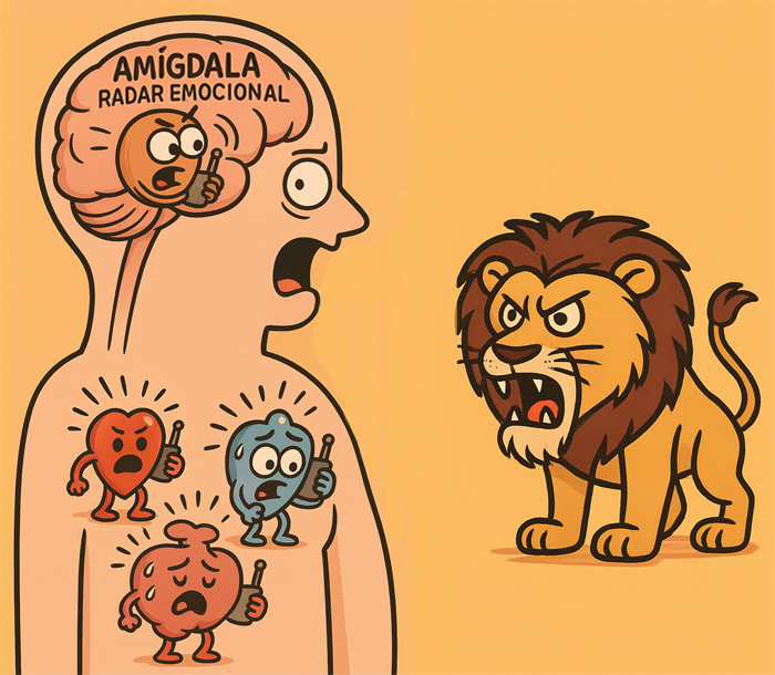 Ilustración caricaturesca de un cerebro con la amígdala como 'radar emocional', mostrando cómo diferentes emociones se activan en el cuerpo al enfrentar una amenaza, representada por un león.