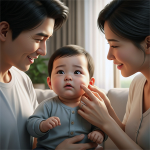 Ilustración de una familia sonriente con madre y padre acariciando tiernamente a su bebé, que los observa con expresión curiosa.