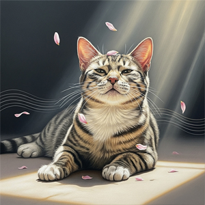 Ilustración de un gato atigrado descansando plácidamente bajo un rayo de luz, con pétalos rosados cayendo a su alrededor.