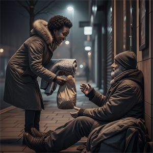 Fotografía de una mujer entregando comida y una manta a un hombre sin hogar en la calle durante la noche, mostrando un acto de solidaridad y compasión.