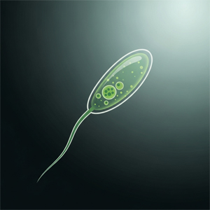 Ilustración de un organismo unicelular verde con flagelo, representando un protozoo o alga microscópica.