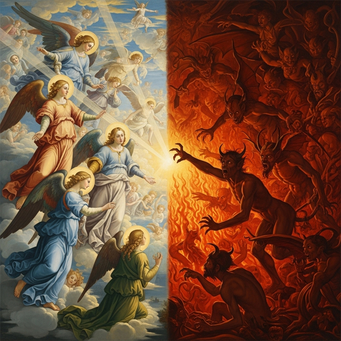 Ilustración simbólica que contrasta ángeles luminosos en el cielo a la izquierda con demonios entre llamas en el infierno a la derecha, representando la lucha entre el bien y el mal.