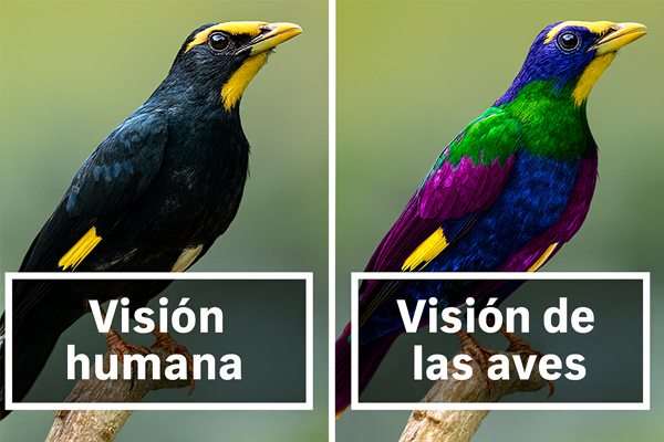 Comparación de la visión: a la izquierda, cómo los humanos ven un pájaro con plumas negras y amarillas; a la derecha, cómo lo verían las aves, mostrando colores adicionales como verde, azul y púrpura gracias a su visión ultravioleta.