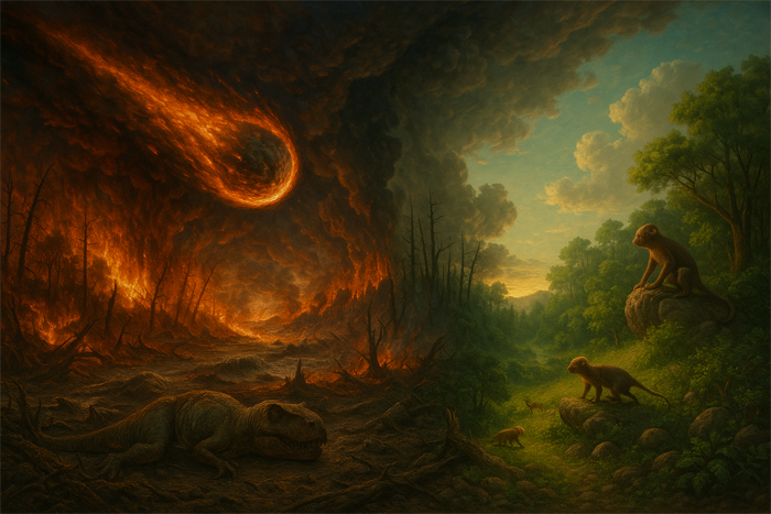 Ilustración dramática del impacto del asteroide que causó la extinción de los dinosaurios, mostrando un T. rex muerto en un paisaje en llamas a la izquierda y pequeños mamíferos sobreviviendo en un bosque iluminado a la derecha.