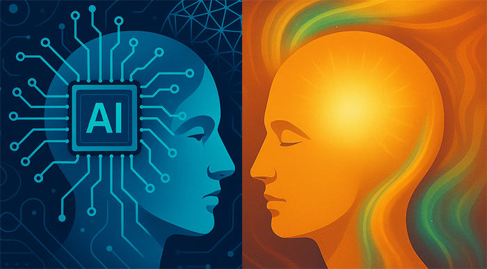 Ilustración conceptual de dos perfiles humanos enfrentados: a la izquierda una cabeza azul con un chip de inteligencia artificial, y a la derecha una cabeza dorada iluminada simbolizando la conciencia humana