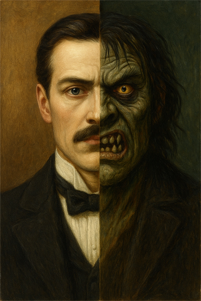 Ilustración dividida mostrando un hombre elegante en un lado y un monstruo grotesco en el otro, representando la dualidad de Dr. Jekyll y Mr. Hyde.