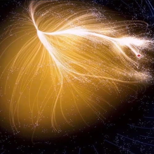 Mapa cósmico del supercúmulo de galaxias Laniakea, mostrando filamentos luminosos que conectan miles de galaxias en una vasta estructura del universo