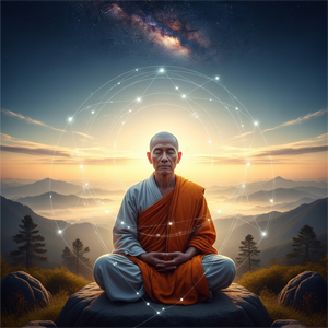 Ilustración de un monje budista meditando en una montaña al amanecer, rodeado de un halo de energía luminosa y símbolos geométricos