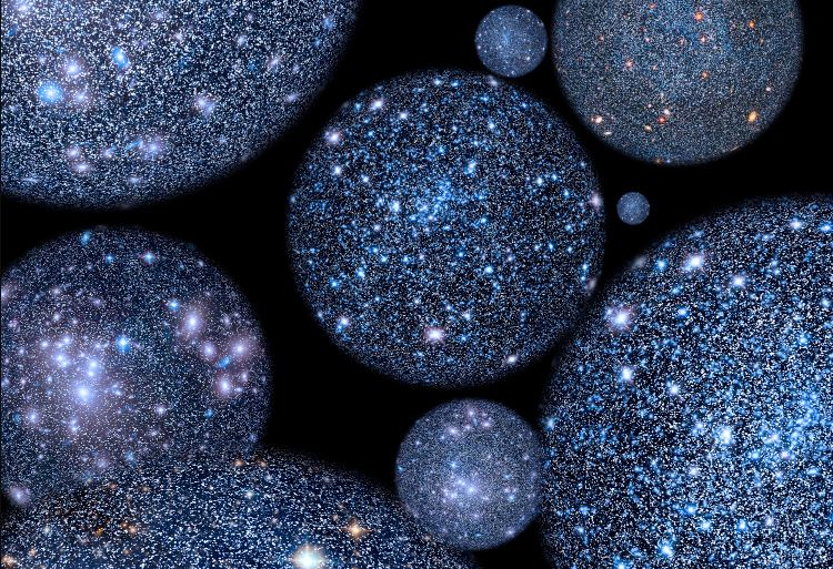 Ilustración artística del concepto de multiverso, mostrando múltiples esferas cósmicas brillantes llenas de estrellas en un fondo oscuro.