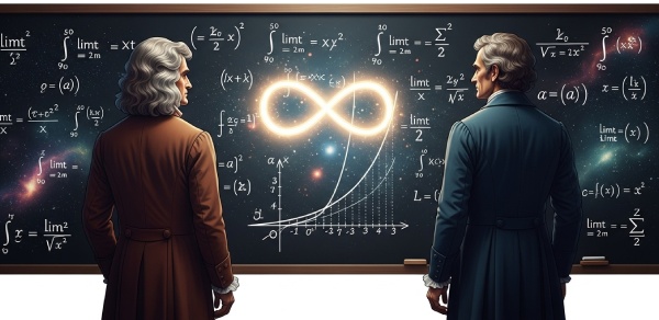 Ilustración de dos científicos frente a un pizarrón lleno de fórmulas matemáticas sobre el infinito, con un símbolo luminoso de infinito brillando en el centro del tablero.