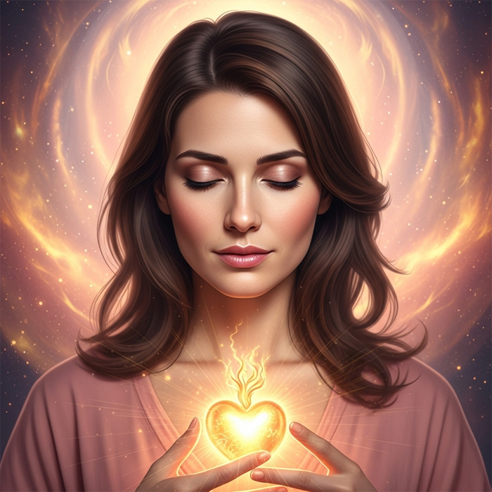 Ilustración espiritual de una mujer con los ojos cerrados sosteniendo un corazón luminoso en el pecho, irradiando energía dorada que simboliza amor y conexión interior.