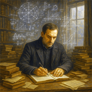 Ilustración de un hombre escribiendo concentrado en una biblioteca, rodeado de libros, con fórmulas matemáticas y diagramas brillando en el aire a su alrededor.