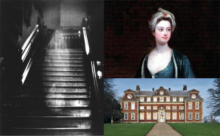 Collage que muestra la famosa fotografía del fantasma de la Dama de Marrón en la escalera de Raynham Hall, un retrato antiguo de una mujer y la mansión inglesa asociada a la leyenda.