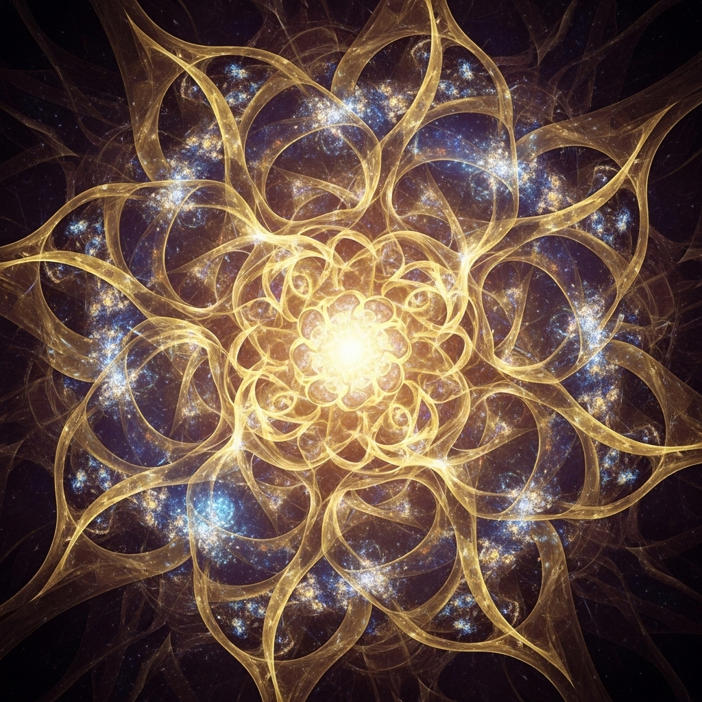 Ilustración fractal luminosa en forma de mandala dorado, con patrones entrelazados que irradian desde un centro brillante, evocando energía cósmica y armonía universal.