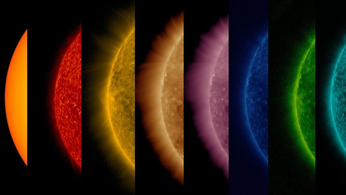 Composición del Sol vista en diferentes longitudes de onda, mostrando su superficie y atmósfera en colores que revelan distintas capas y temperaturas.
