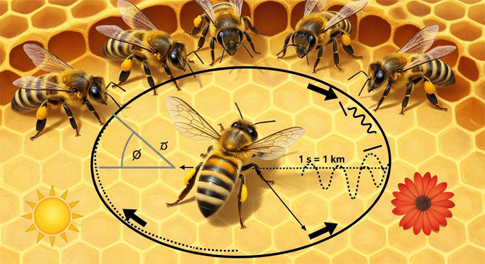 Ilustración de abejas en un panal mostrando la danza del meneo, un comportamiento utilizado para comunicar la ubicación de flores en relación con el sol.